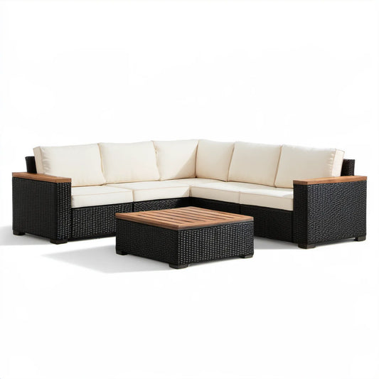 Narożna sofa ogrodowa z technorattanu PE ze stolikiem 200 x 200 x 65 cm Czarna/Kremowa/Brązowa