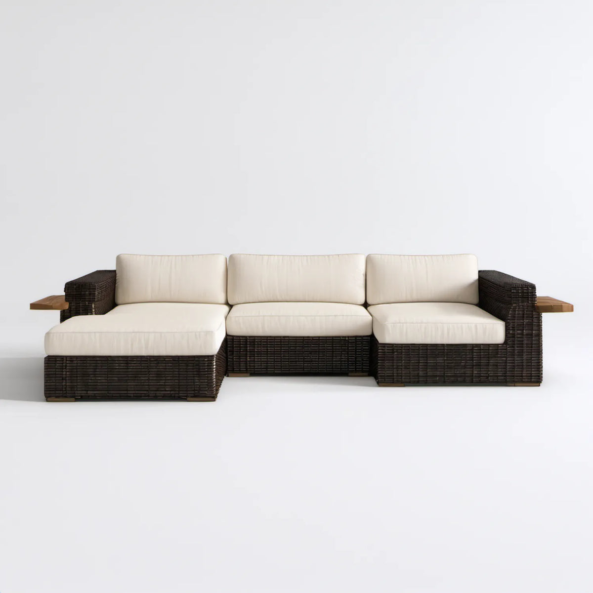 Lewostronna narożna sofa ogrodowa z technorattanu 280 x 160 x 75 cm, ciemnobrązowa z kremowymi poduszkami