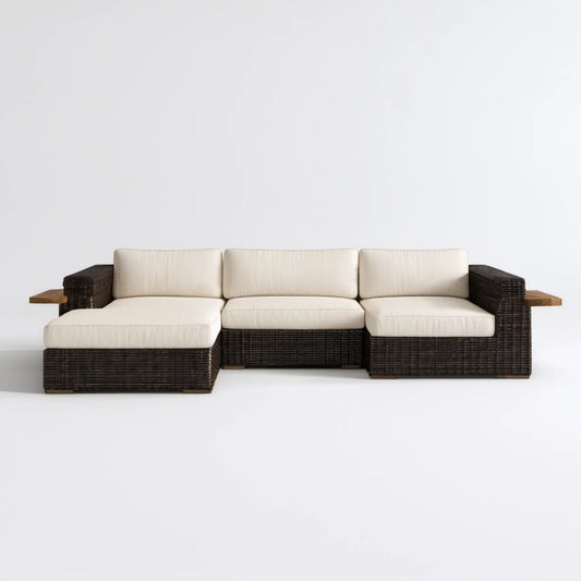 Lewostronna narożna sofa ogrodowa z technorattanu 280 x 160 x 75 cm, ciemnobrązowa z kremowymi poduszkami