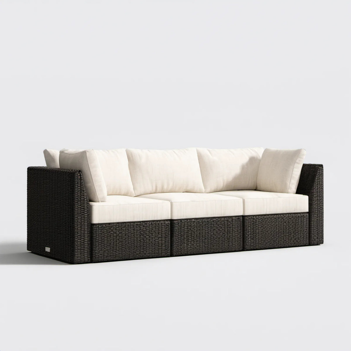 Trzyosobowa sofa z technorattanu PE czarna z kremowymi poduszkami 210 x 85 x 70 cm