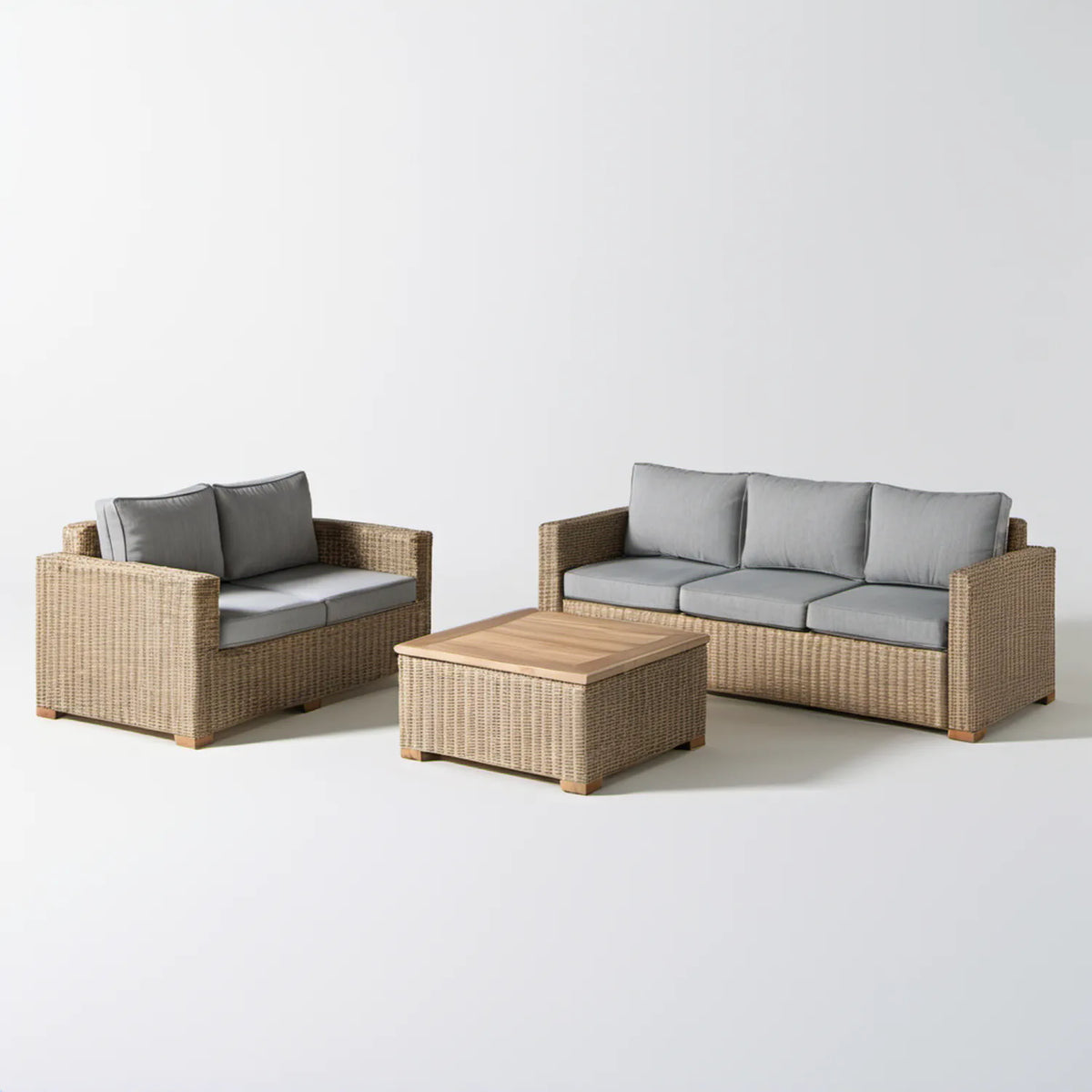 3-elementowy zestaw ogrodowy z technorattanu: sofa 3-osobowa 200 × 75 × 75 cm, sofa 2-osobowa 145 × 75 × 75 cm i stolik 100 × 60 × 45 cm, beżowy/szary/brązowy