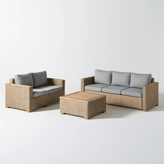 3-elementowy zestaw ogrodowy z technorattanu: sofa 3-osobowa 200 × 75 × 75 cm, sofa 2-osobowa 145 × 75 × 75 cm i stolik 100 × 60 × 45 cm, beżowy/szary/brązowy