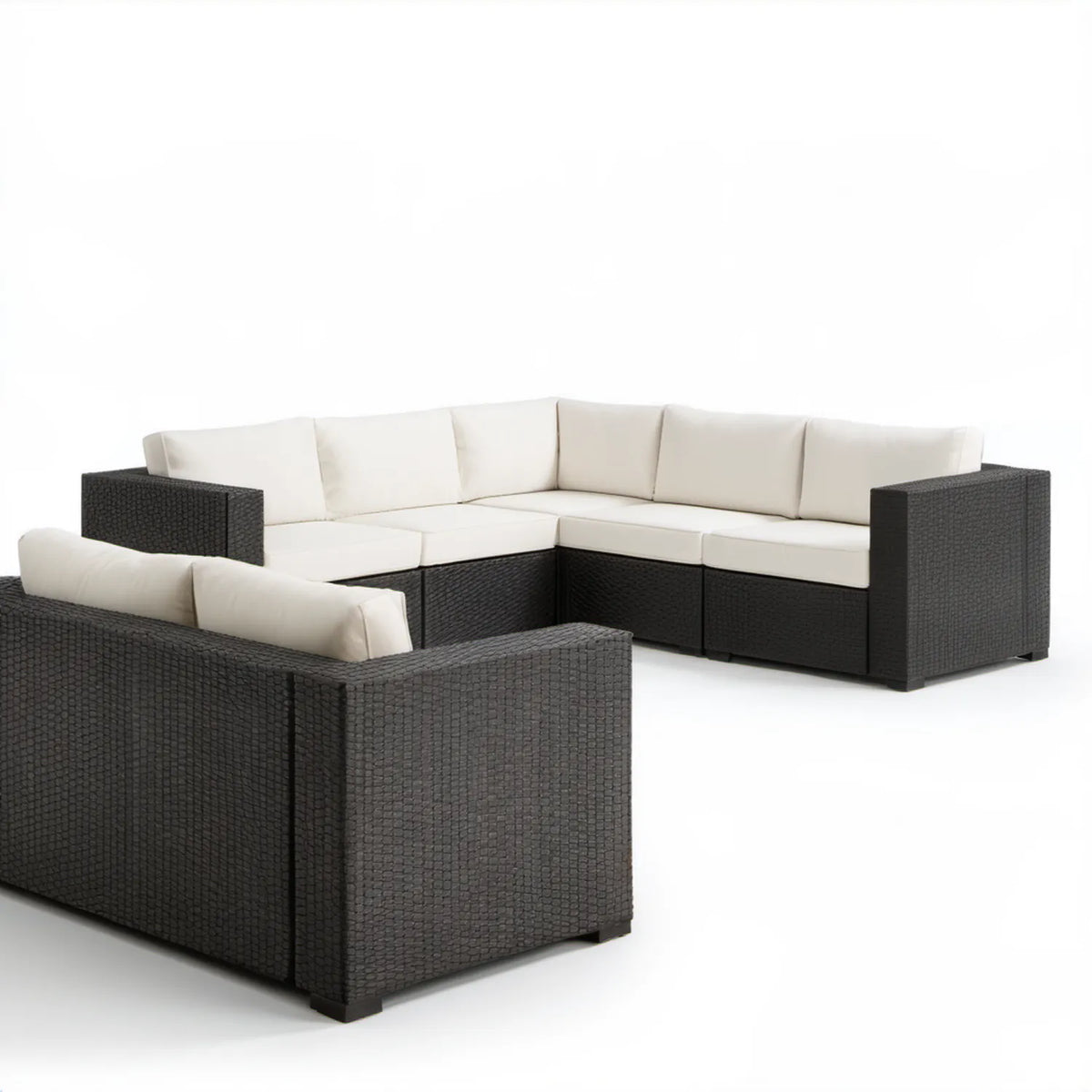 Narożny komplet ogrodowy z fotelem z technorattanu PE, czarno-kremowy, 260 × 200 × 65 cm + 85 × 85 × 65 cm