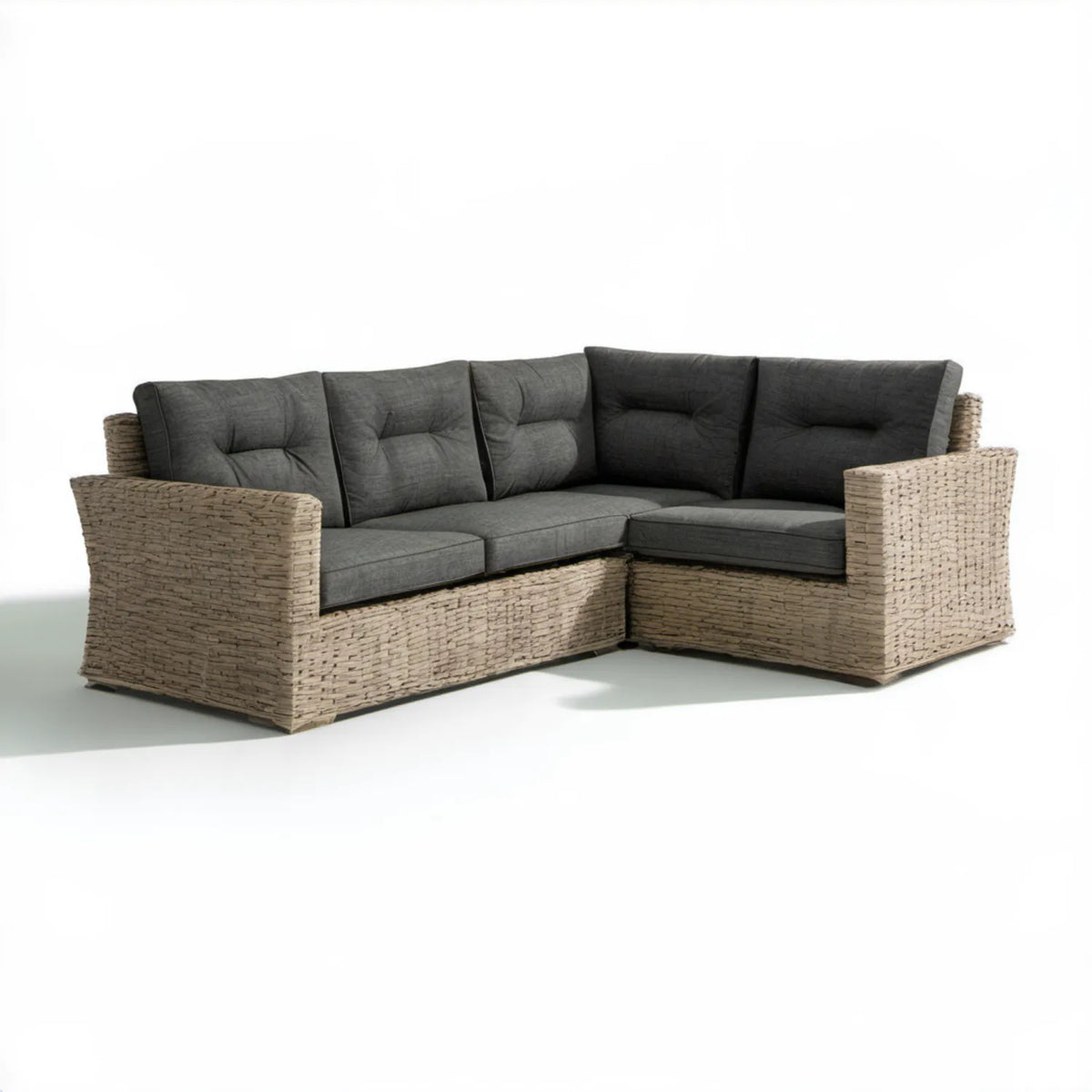 Narożna sofa ogrodowa z technorattanu PE beżowo-szara z ciemnoszarymi poduszkami, 230 x 170 x 85 cm